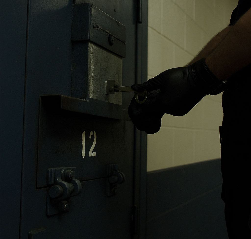Background image of an officer holding a key in a prison cell door